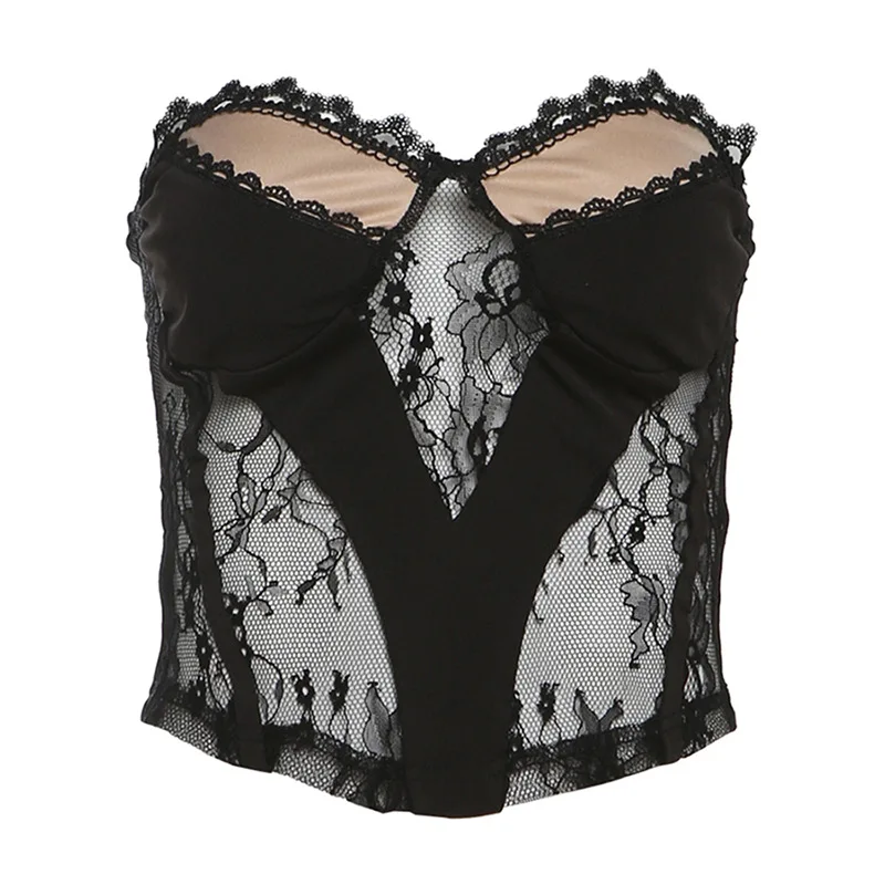 2025 European Summer Cross-border New Lace Splicing Mesh Sleeveless Backless Temperament Slim Tube Top Versatile Top