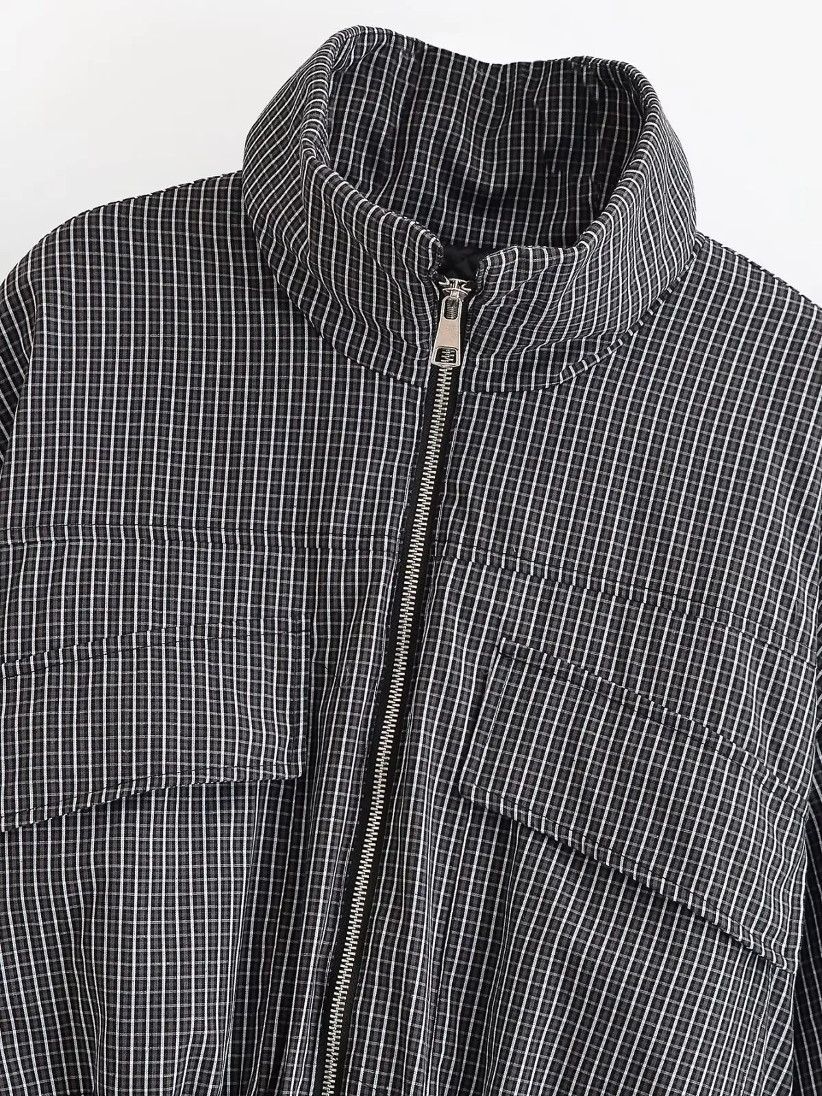 Retro Damen Karo-Jacke, modisch, mit Stehkragen, Kordelzug am Saum, lockere Passform, karierte Oberbekleidung, lässiger Mantel mit langen Ärmeln und Taschen – Detail 4