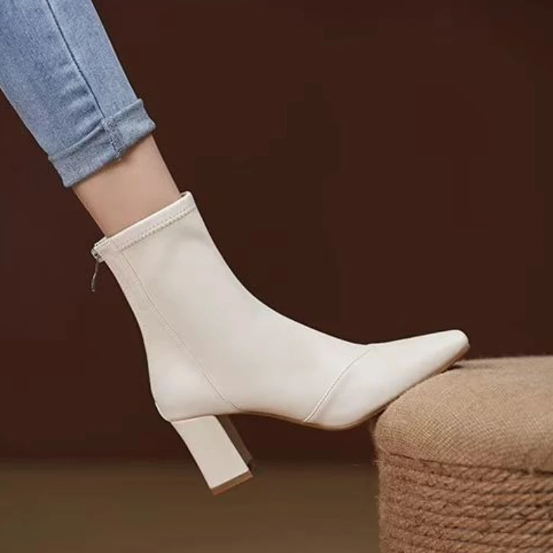 

2025 New Elegant French Style Chunky Heel Booties Women's Square Head Elastic Slim Fit Knee High Boots Polyurethane Material