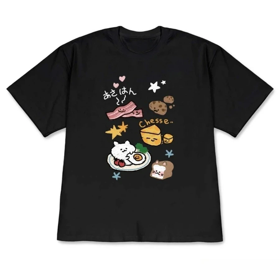 Cute Cartoon Cat&Food Graphic Short Sleeve Tee Featuring Smiling Bacon with Japanese Text Casual Versatile Idea Women Korean Tee