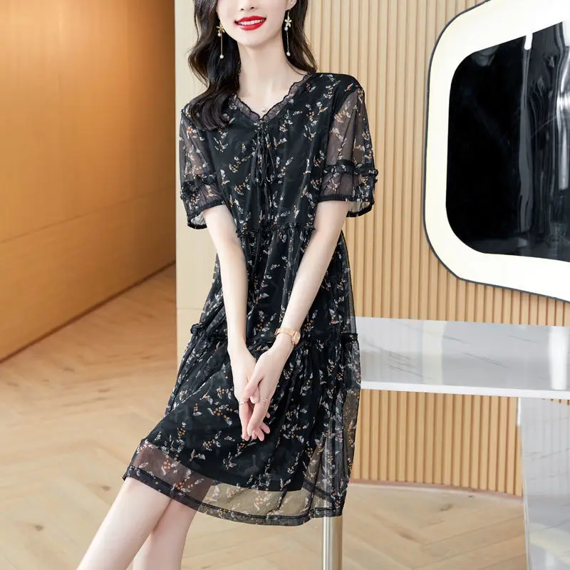 Elegant Broken Flowers Printed Dresses Summer Stylish Edible Tree Fungus Spliced Female V-Neck Drawstring Bow A-Line Midi Dress