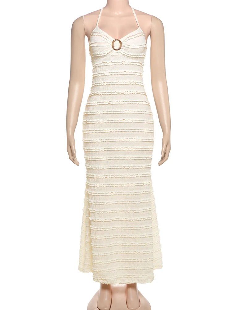 Vestido sem costas sexy para mulheres, com várias camadas, arestas de renda, anel de lantejoulas, férias, festa de praia, elegante, slim