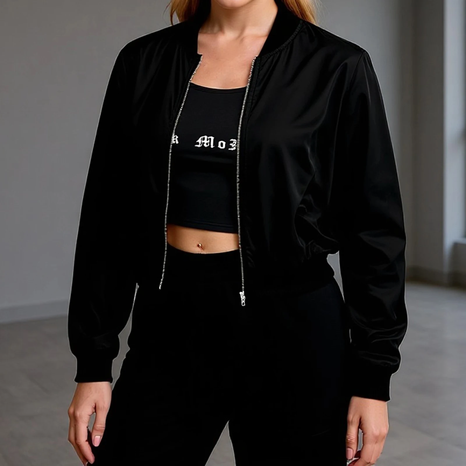 Lamuusaa podzimní bomber bunda dámské oblečení jednobarevný límec s límcem na zip lehký kabát 2000s crop topy y2k svrchní oblečení - náhled 3