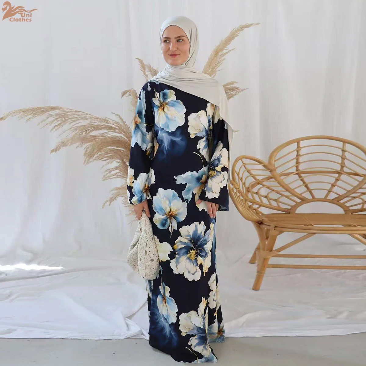 Uni Abaya 2026 Women's Elegant Flower Printed Simple Abaya Daily Wear Muslim Women Dress Islamic Clothing
