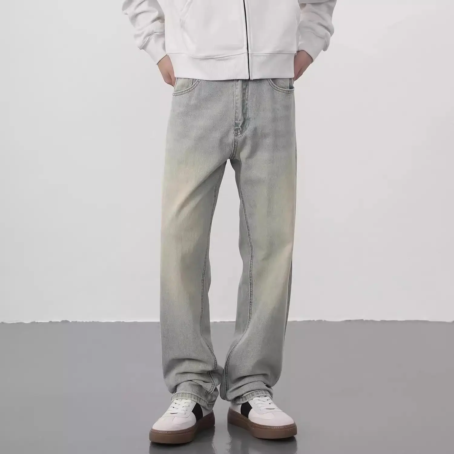 

Новые джинсы цвета желтой грязи, свободные, прямого кроя, в американском стиле, повседневные, длинные брюки, в стиле High Street, ретро-стиль, для повседневной носки