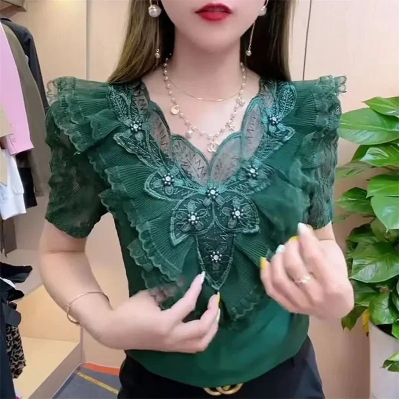 Lace Flounced Flower Stitching Beautiful Back Short Sleeve Thin T-Shirt Fashion Cover Meat Blouse Half Sleeve/Long Sleeve ZL641