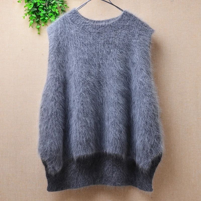 Ladies Women Fashion Fall Winter Clothing Hairy Mink Cashmere Knitted Sleeveless O-Neck Loose Pullover Jumper Sweater Vest Tops