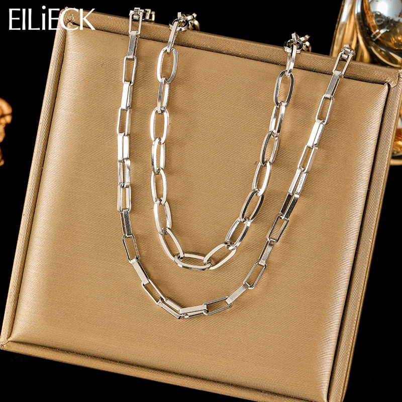 EILIECK 316L فولاذ مقاوم للصدأ فضي اللون طبقة مزدوجة ربط سلسلة قلادة للنساء موضة جديدة سلسلة عنق مجوهرات هدية عيد