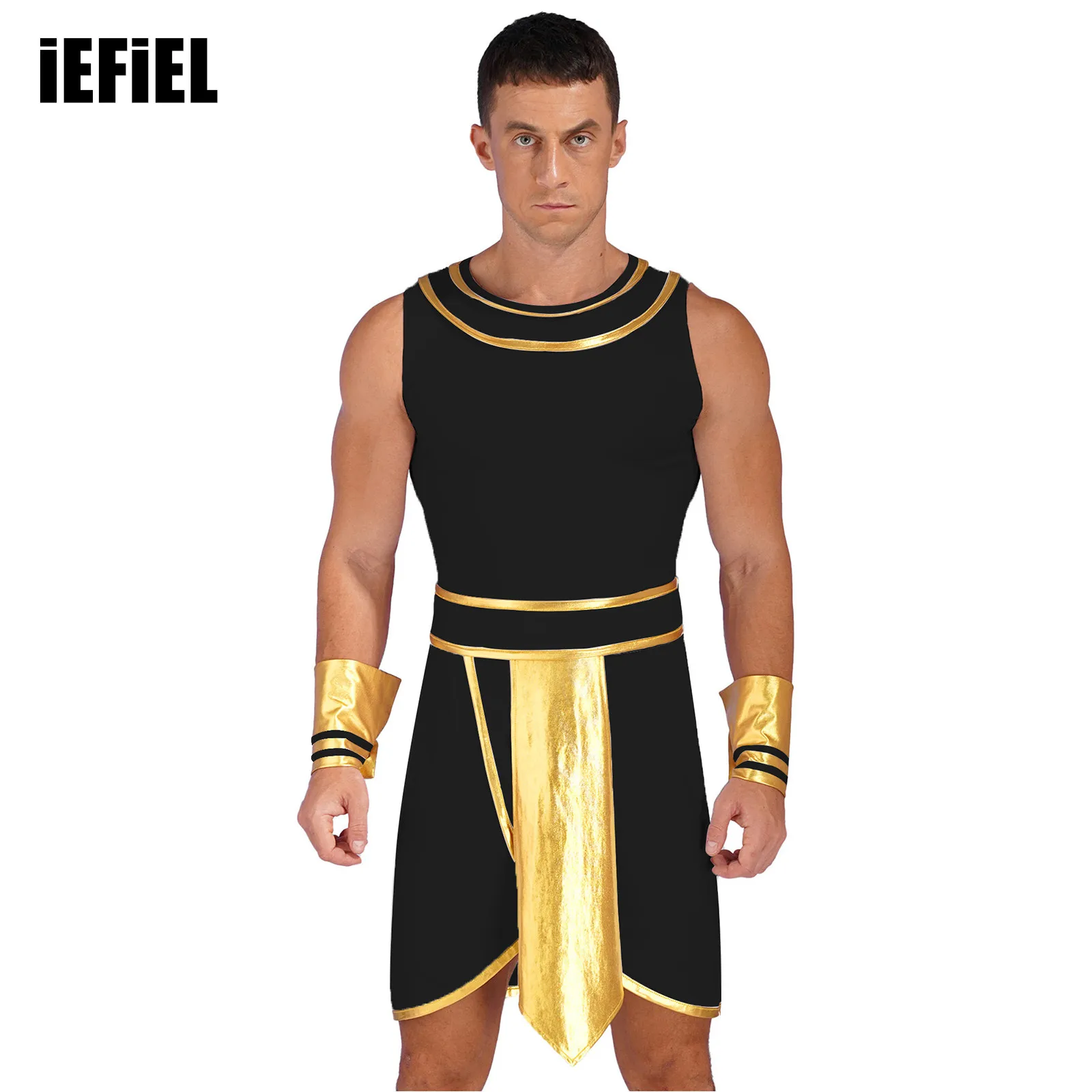 

Mens Ancient Egypt Role-Playing Outfit Adult Halloween Masquerade Party Costume Round Neck Sleeveless Dress with Cuffs