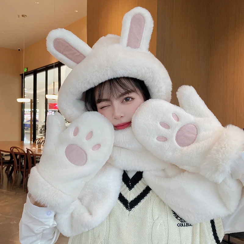 New Cute Bear Ear Hat Scarf Gloves Set Winter Women Beanies Caps Warm Casual Plush Hats Casual Solid Fleece Girl Kawaii Present