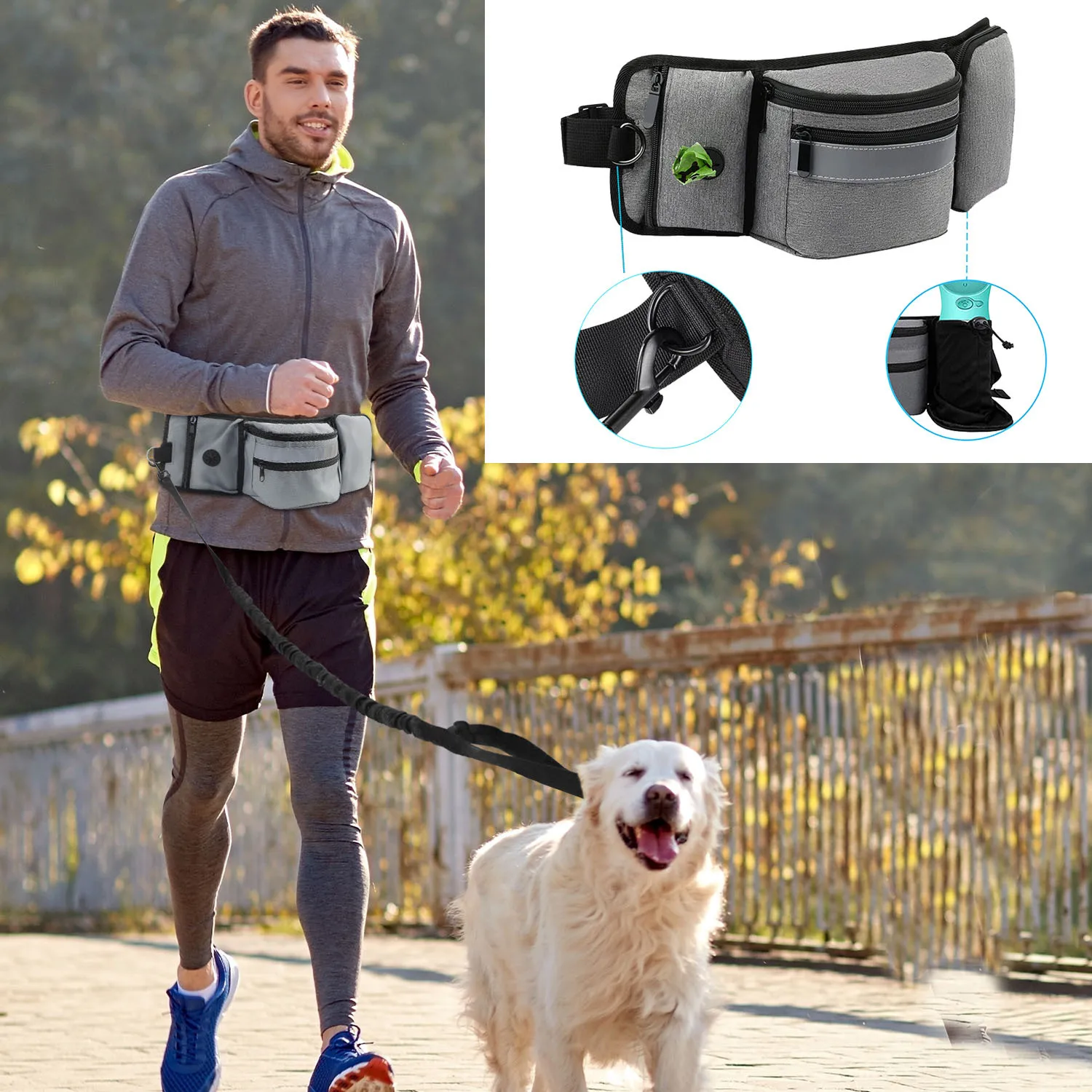 

2pc Reflective Night Run Pet Leash Waist Pack|crash-resistant Elastic Running Leash|Adjustable Belt + Storage Bag|for All Breeds