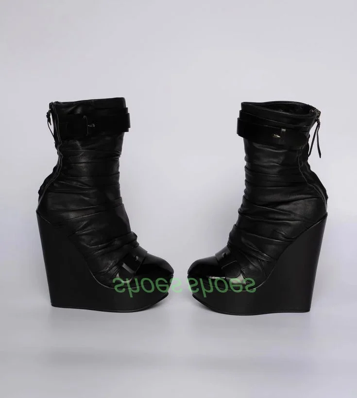 

Lady Black Pu Wedges Heel Platform Calf Boots Zipper Black Fall Runway Footwear Buckle Strap Ankle Retro Style Boots Size 34-46