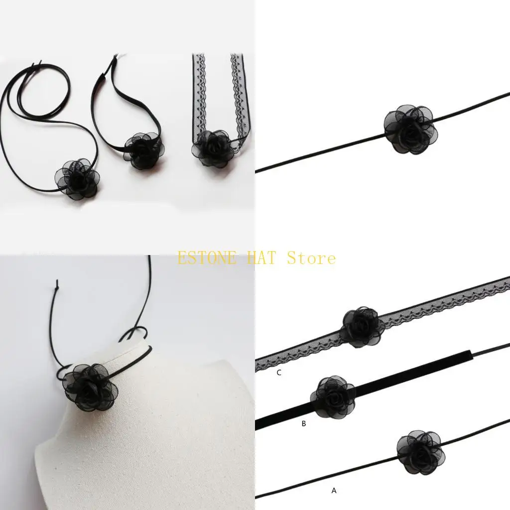 

49MF Black Flower Choker Necklace Halloween Headwear Gothic Jewelry Accessory