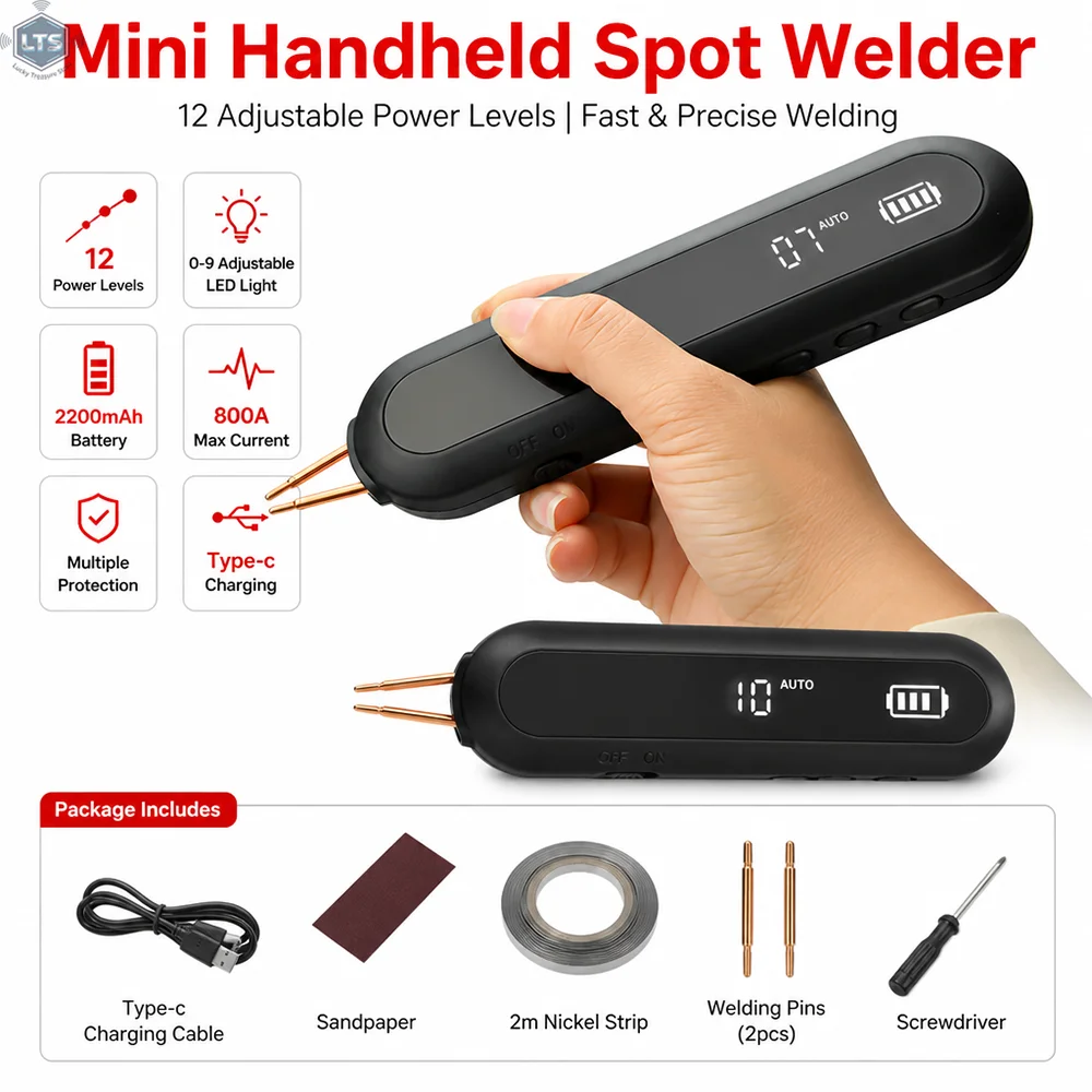 Portable Battery Spot Welder 12 Levels Adjustable Power 2200mAh Battery Type-C Charging for Nickel Strip Welding