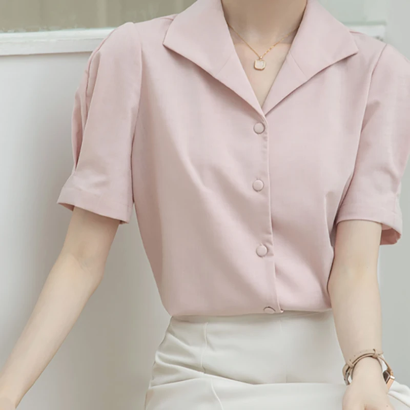 EVNISI Women Vintage Short Sleeve Summer Shirt Button Up Elegant Loose Office Blouse Polo Collar Women Casual Solid Tops 2024