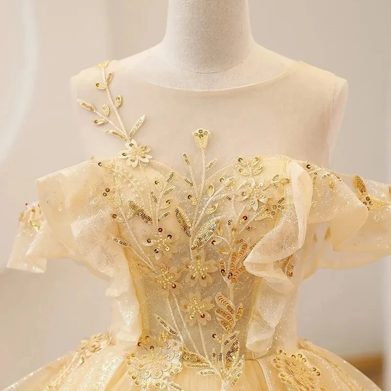 Abiti da ballo con scollo rotondo giallo Abiti in pizzo con paillettes Sweet 16 Princess Party personalizzati