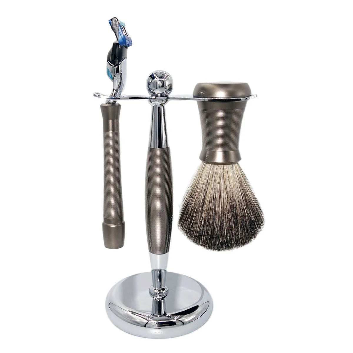 Magyfosia New Luxury Gunmetal Grey F5 5-Layer Fusion Razor Manual Shaver Soft Badger Hair Shaving Brush and Bowl Set Gift