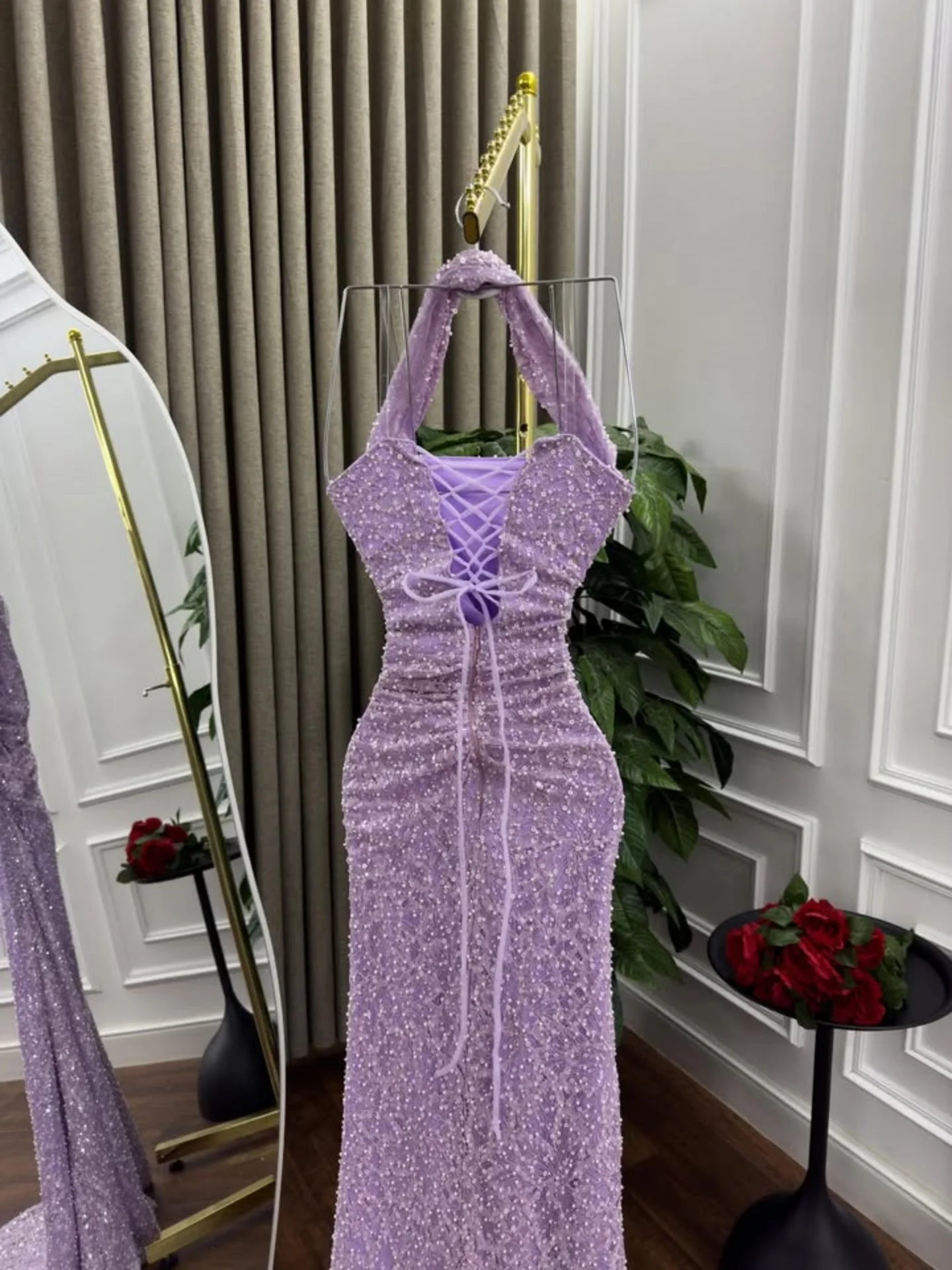 MisShow élégant licou sirène robe de soirée dentelle perles plissé taille pansement dos robes de bal gaine Train vestidos de fiesta