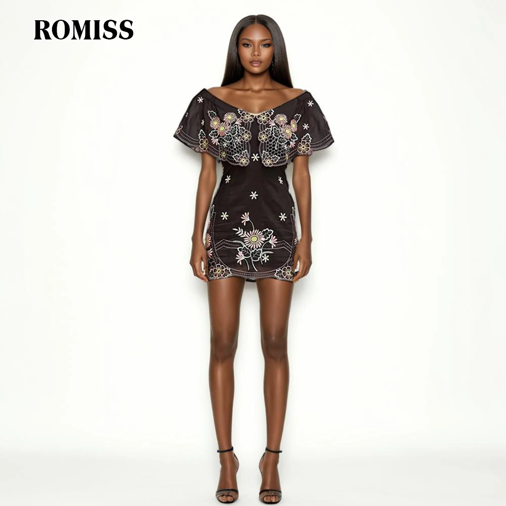 ROMISS Sexy Hit Color Embroidery Print Dress For Women Off Shoulder Slash Neck Short Sleeve High Waist Slim Dresses 2021 New