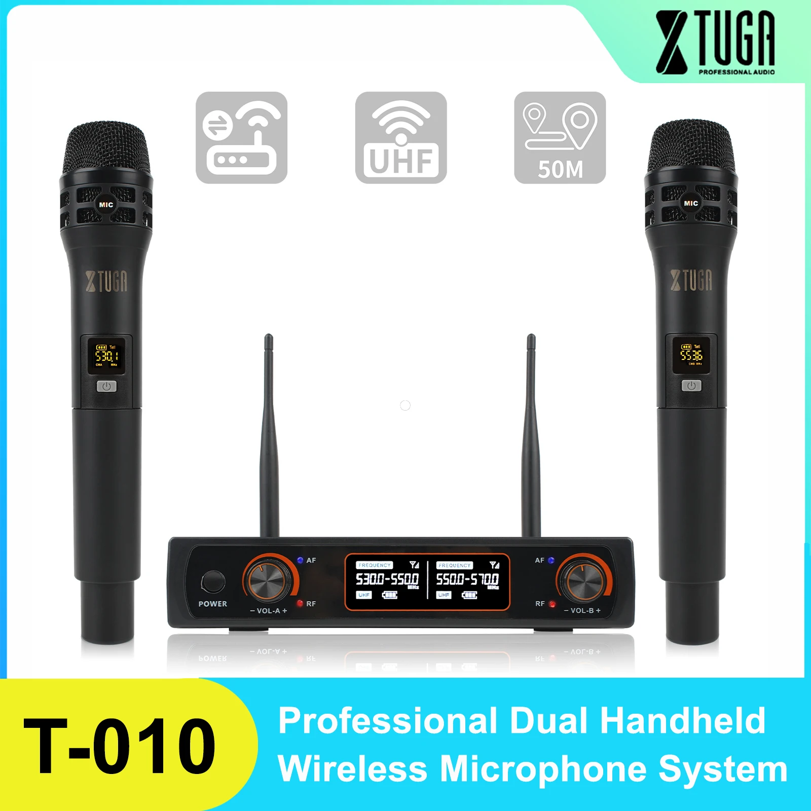 

XTUGA Professional Wireless Microphone System with Two Handheld Microphones in Dual Channels Wireless System for Karaoke Stage