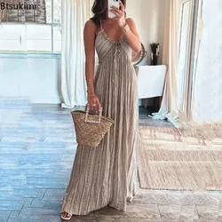 2026 Women's Summer Sexy U Neck Halter Long Party Dress Solid High Waist Pleated Maxi Dress Backless Lace-up Hollow Boho Dresses