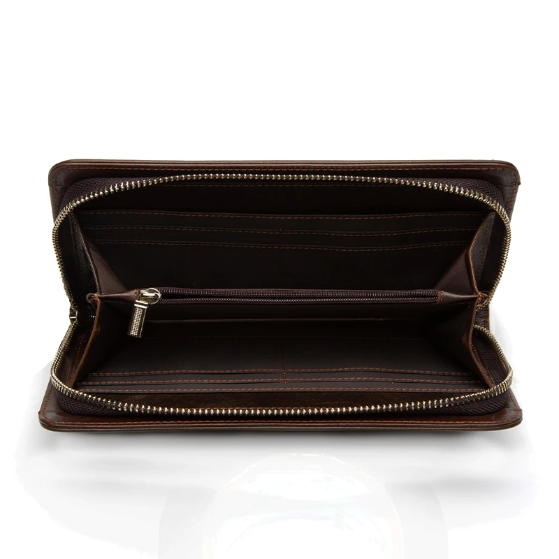 High Class Fashion Genuine Leather Men Wallet Clutch Purse Leather Zipper Money Holder Male Money Bag Clutch with Wrist Belt
