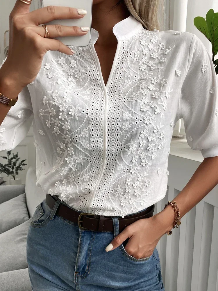 New Women Summer Floral Embroidery Lace Blouse Hollow-out Stand Collar V Neck Casual Shirt Elegant Short Sleeve Cotton Tops