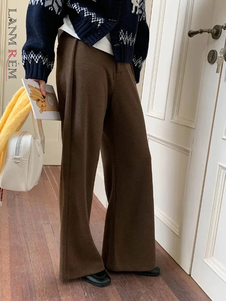 

[LANMREM] Office Lady Wool Warm Pants For Women High Waist Straight Wide Leg Trousers Minimalism 2024 Winter New 26C1502