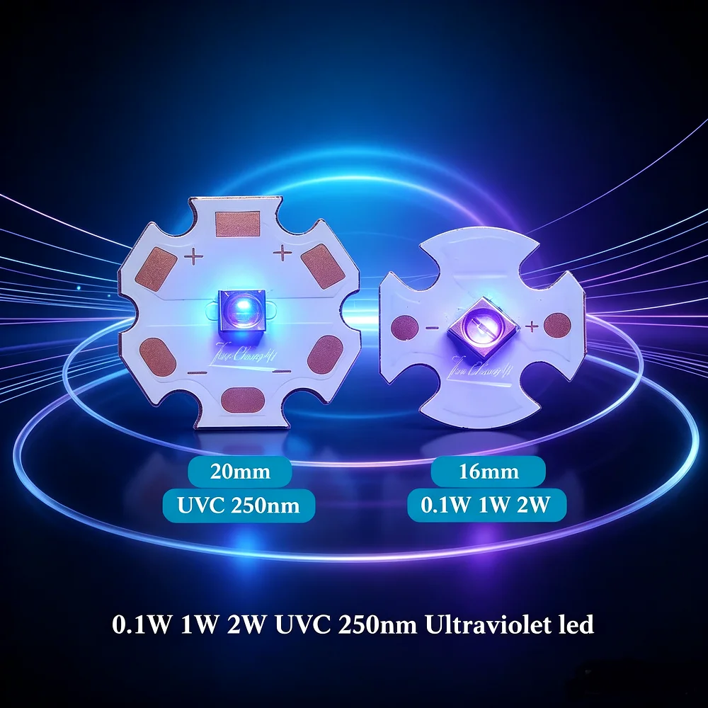 250nm UVC LED 0,1W 1W 2W 3838 3535 250-260nm 5-7V Ultraviolettlampe mit 16mm/20mm Kupfer-Leiterplatte 1 Stück