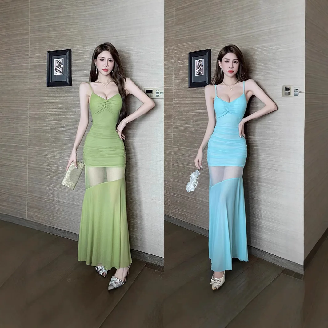 Summer Mesh Spliced Camisole Dress Ruffled Fishtail Long Dress Slim Waist Charming Women Outfit
