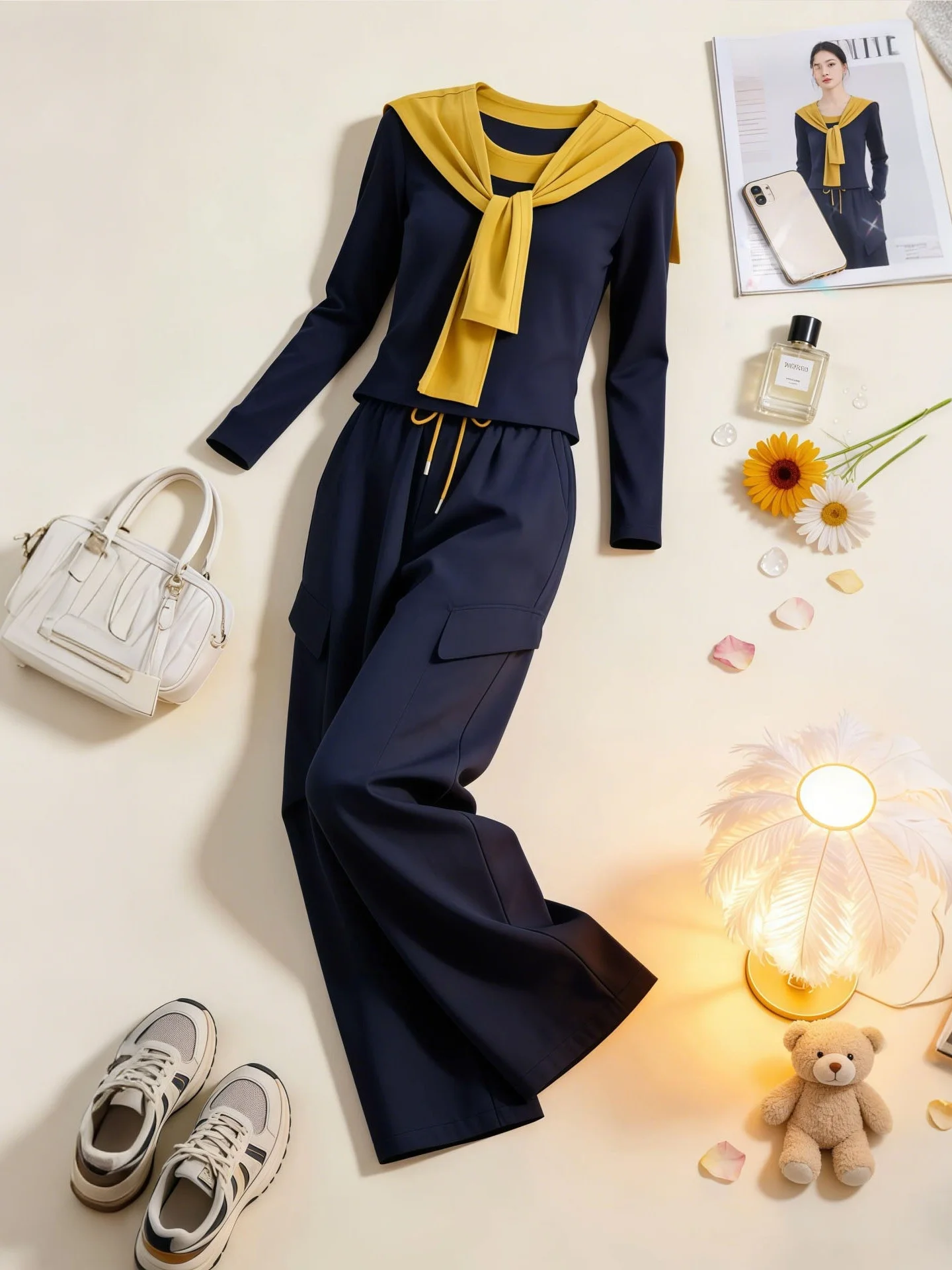 

Early Spring Fashionable Women's Set with Shawl Versatile Design Wide Leg Pants Long Sleeve Comfortable Breathable Spring Outfit