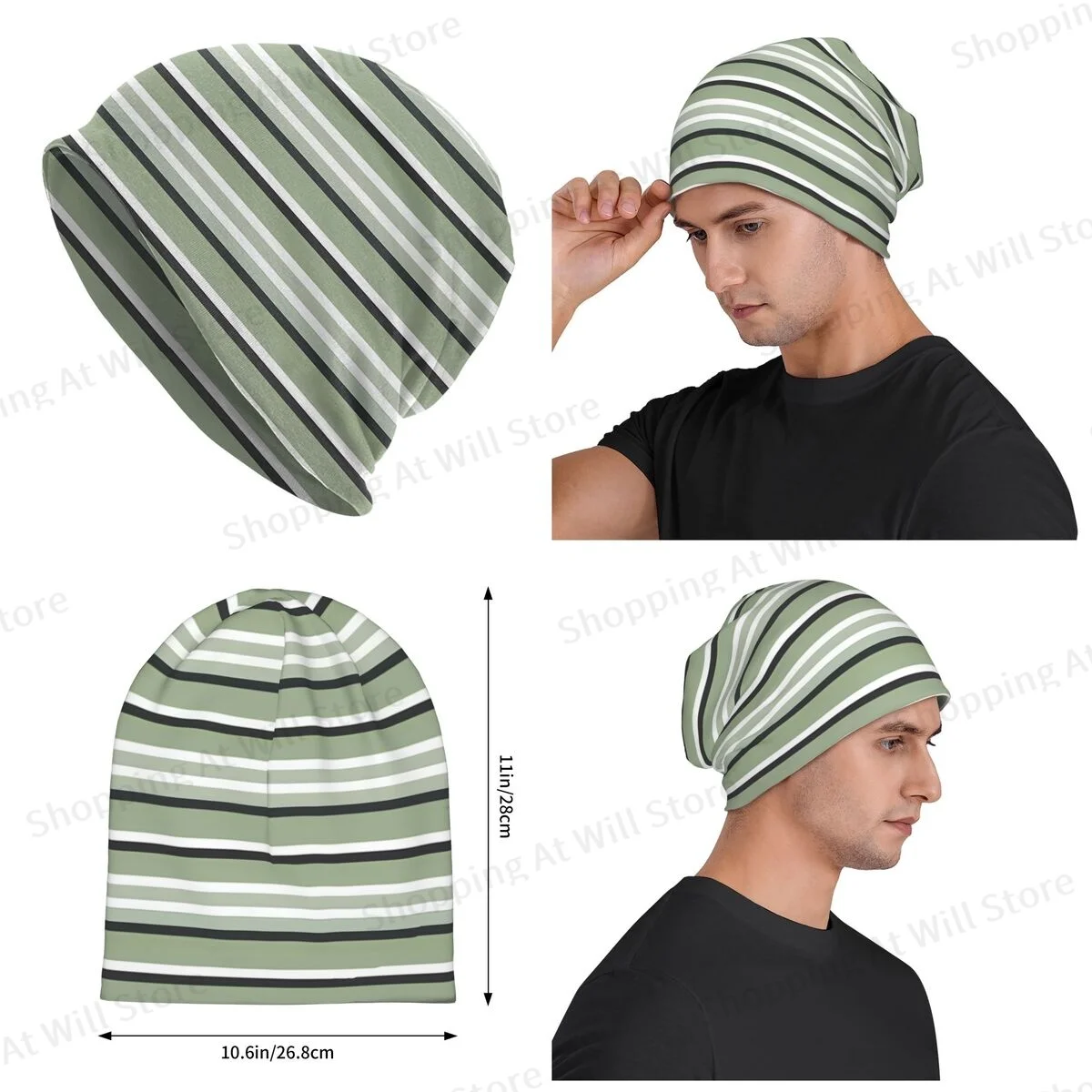 Green And Black Stripes Men and women Pullover Cap Abstract Art Beanies Hat For Men And Women Print Bonnet Hats