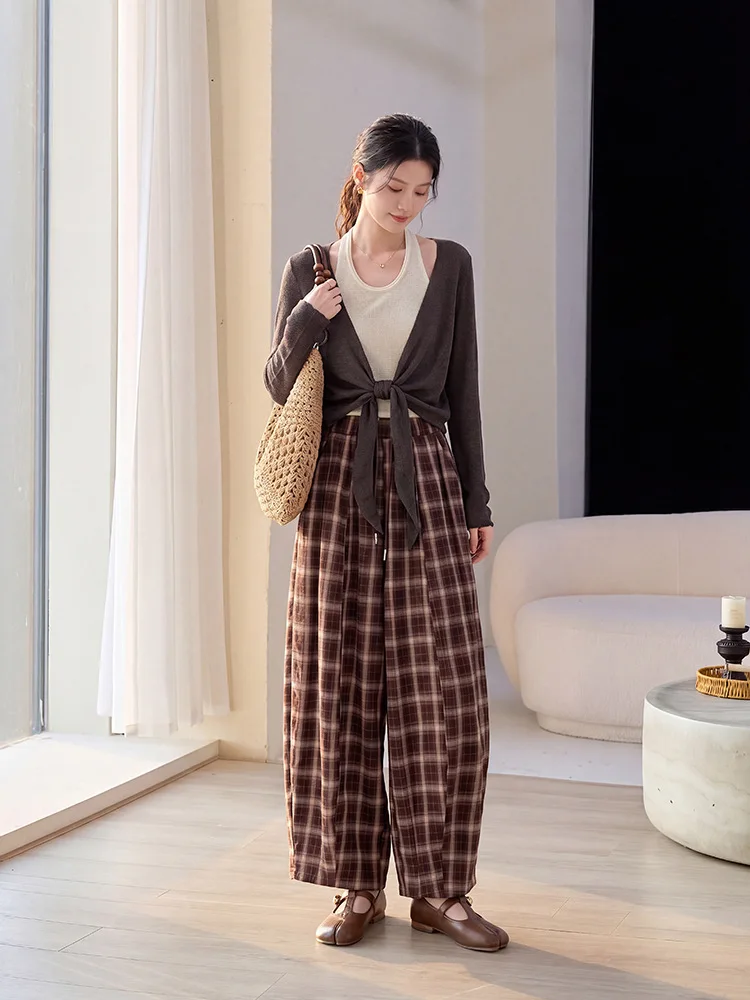 Vintage Navy Plaid Wide‑leg Pants For Women Elastic High Waist Baggy Tartan Check Ankle‑length Trousers Soft Breathable Bottom