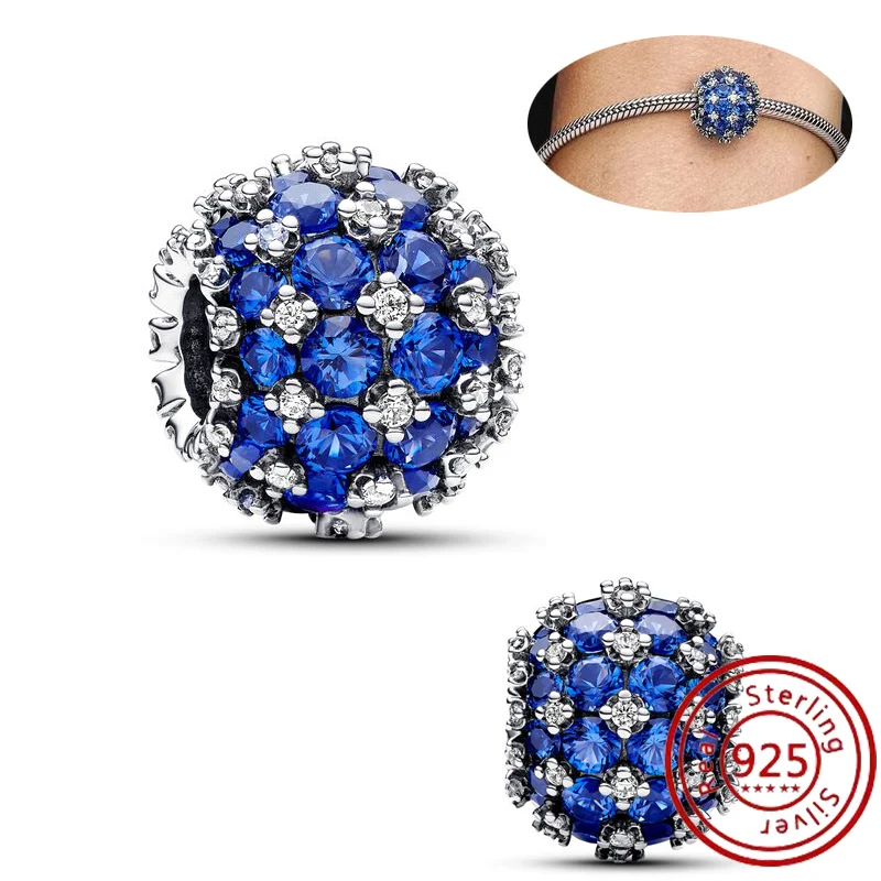 Original 925 Silver Blue Series Celestial Sun Star Pave Clips Round Beads Charms Fit Pandora Bracelet DIY Jewelry Women Gift