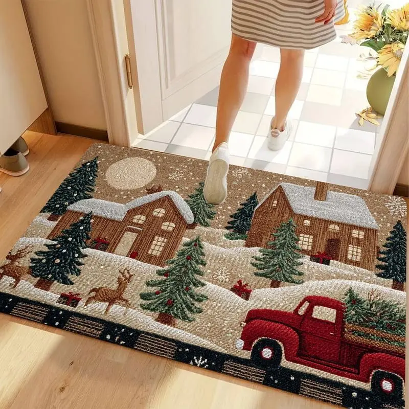 VIKAMA Winter Village Red Truck Door MatChristmas Entryway Rug Non Slip For Front Door Indoor Outdoor Farmhouse Decor