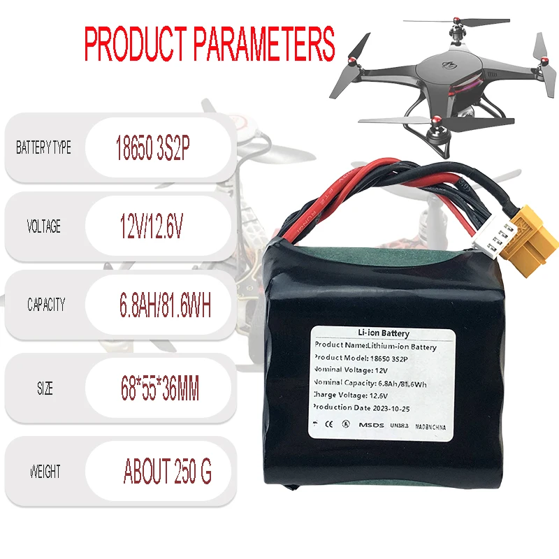 Batería de iones de litio recargable 3S2P, 12V, 6800mAh, alta capacidad, UAV, para varios aviones RC, Dron, Quadrotor, XH2.54-4P, XT60