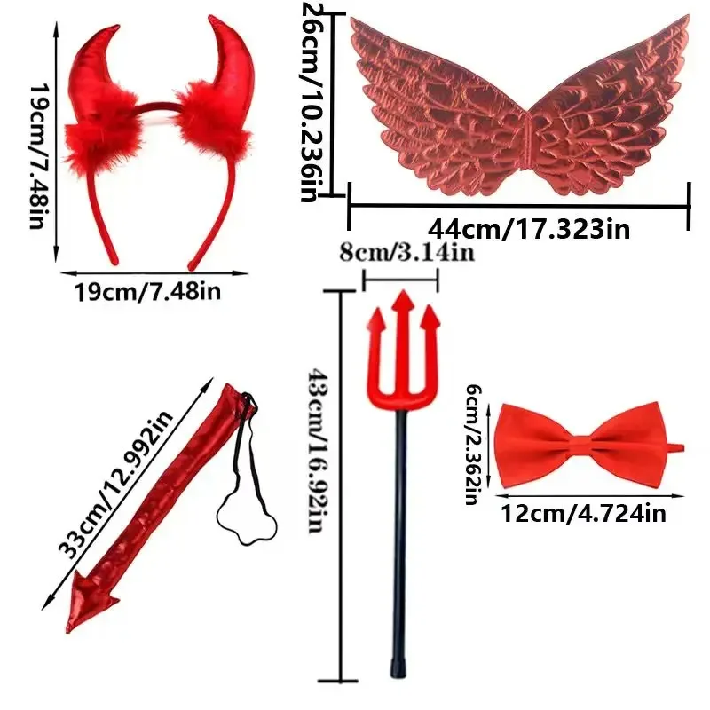 PESENAR ハロウィン レッドデビルコスチュームセット 悪魔の羽、ピッチフォーク、蝶ネクタイ、角付きヘッドバンド、尻尾アクセサリー付き 悪魔パーティー用
