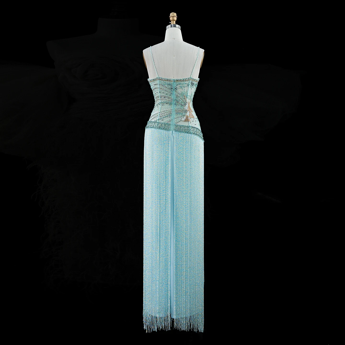 Sharon Said Abendkleider Luxus Spaghettiträger Etuikleid Tüll Perlen Quasten Kristalle Dubai Formelles Partykleid SS202 Maßanfertigung – Detail 6