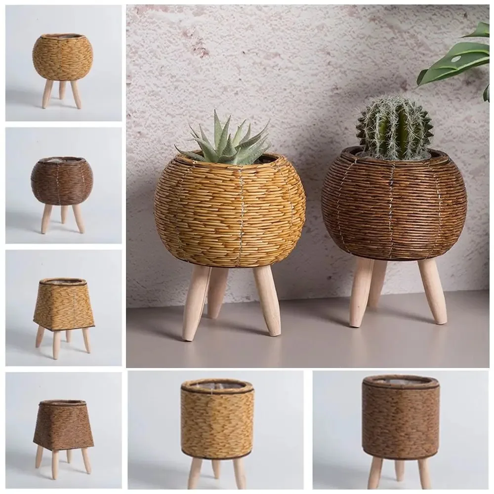 Vintage Rattan Flower Pot Storage Home Decorative Handmade  Desktop Plant Basket Outdoor Garden Pots Flower Pot