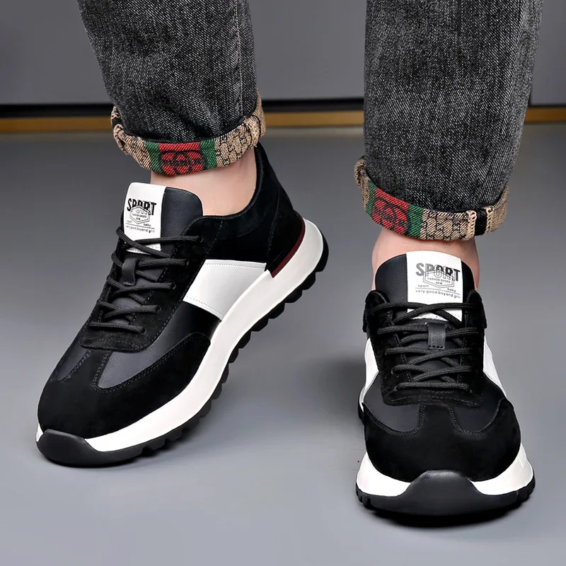 

Fashion Men Cow Leather Casual Sport Shoes Street Cool Pointed Toe Sneakers Thick-soled Trainers