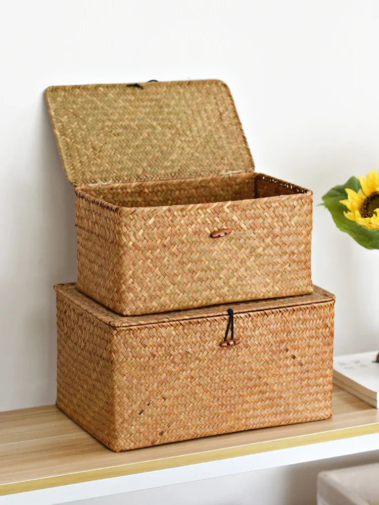 Seaweed woven basket storage box storage box sorting box bamboo basket rattan storage basket bamboo basket with cover rattan