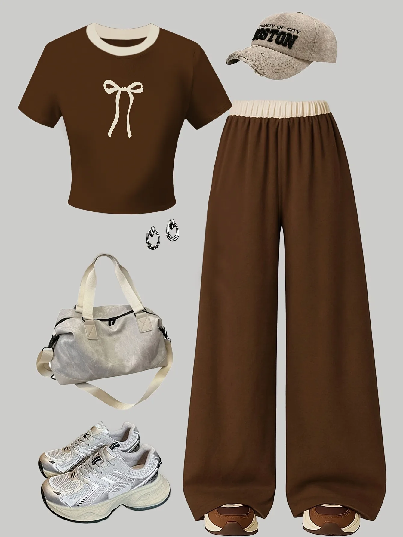 Trendiges 2-teiliges braunes Coquette-Outfit für Mädchen, kurzärmliges Crop-Top mit Schleifenmuster und Hose mit weitem Bein und elastischem Bund
