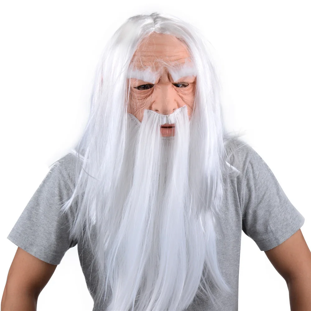 Funny White Hair Wizard Mask White Beard Grandpa Head Cover Santa Latex Role Play Props Halloween Props Cosplay  Bearded Wizard