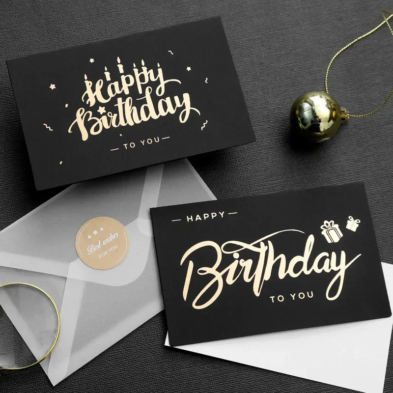 1pcs Birthday Greeting Card Bronzing Invitations Postcard Wishes Blessing Message Cards Small Card Blank with Envelope