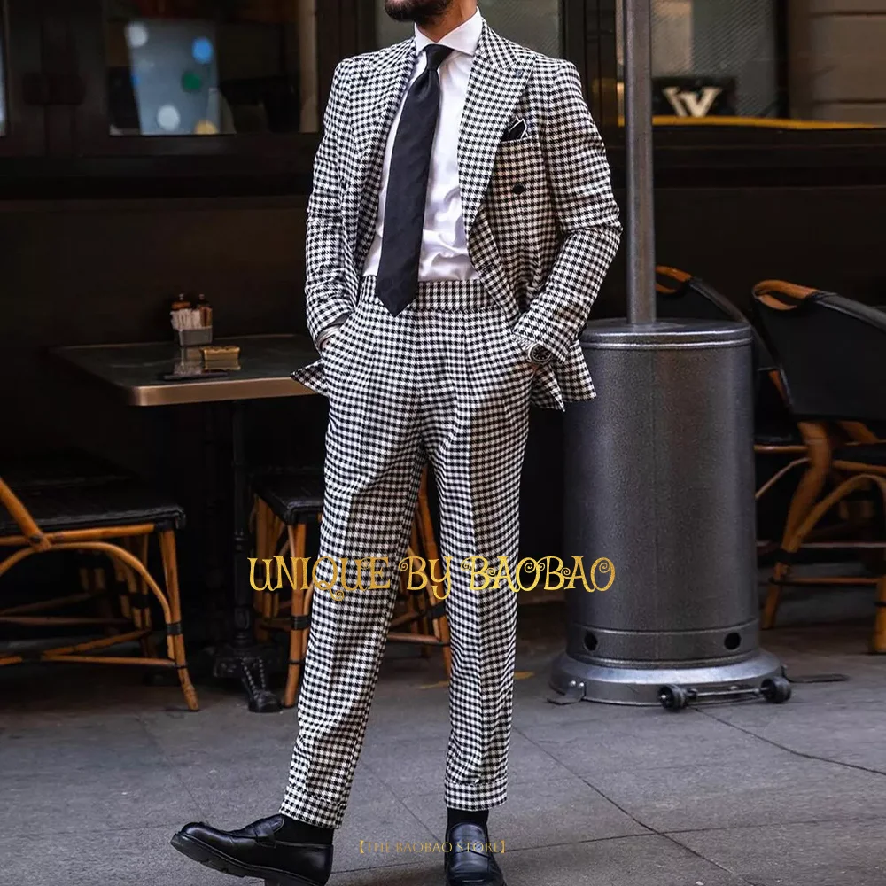 Men 2-Piece Wedding Suit (Blazer+pants) Black-white Palid Houndstooth Groom Tuxedo Double Breasted Prom Party Custom Attire