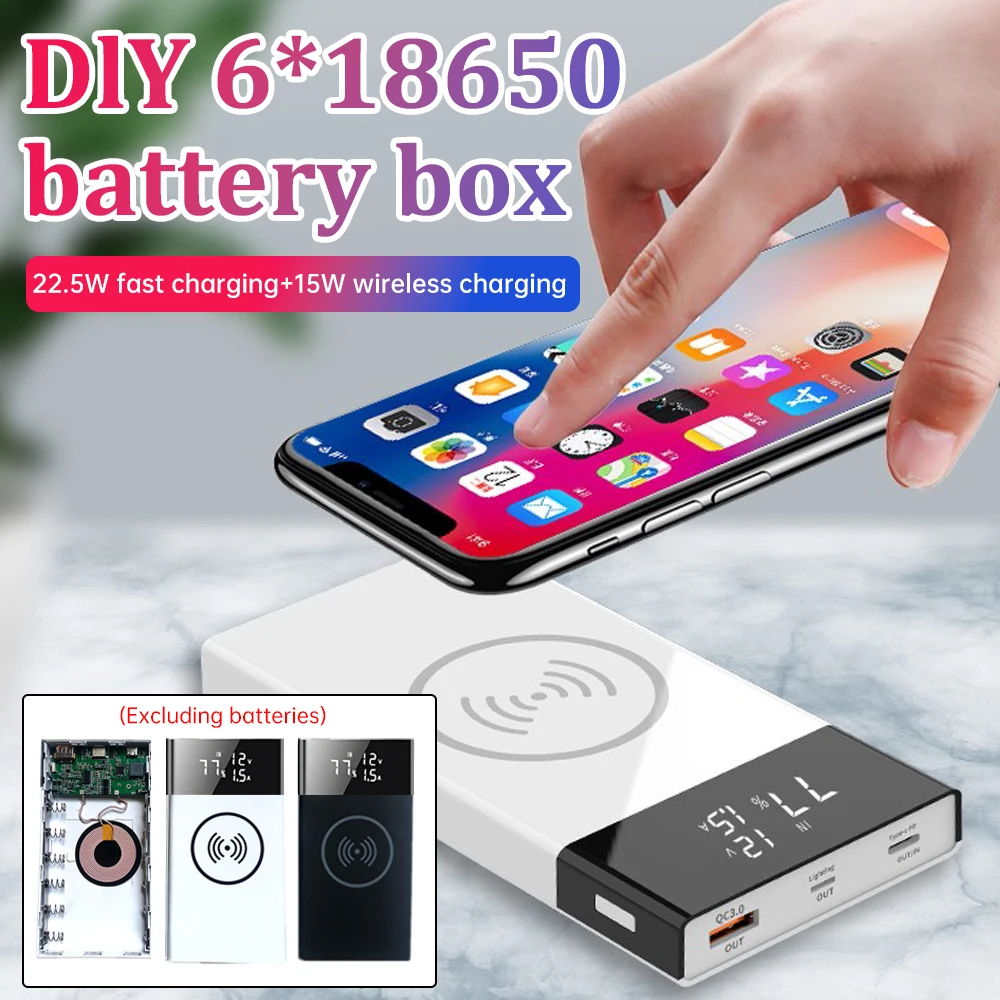 DIY Detachable 6x18650 Battery Power Bank Case Fast Charging 22.5W +15W Wireless Charge Storage Box QC3.0 PD3.0