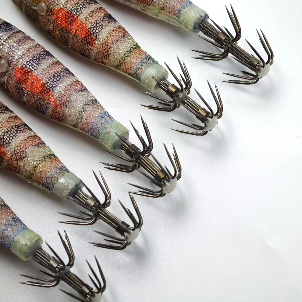 6 Stück/Set 8cm Leuchtender Garnelenköder, Leuchtender Salzwasser-Angelköder, Tintenfisch-Jig-Haken, Horizontaler Tintenfisch-Jig Egi-Set – Detail 3