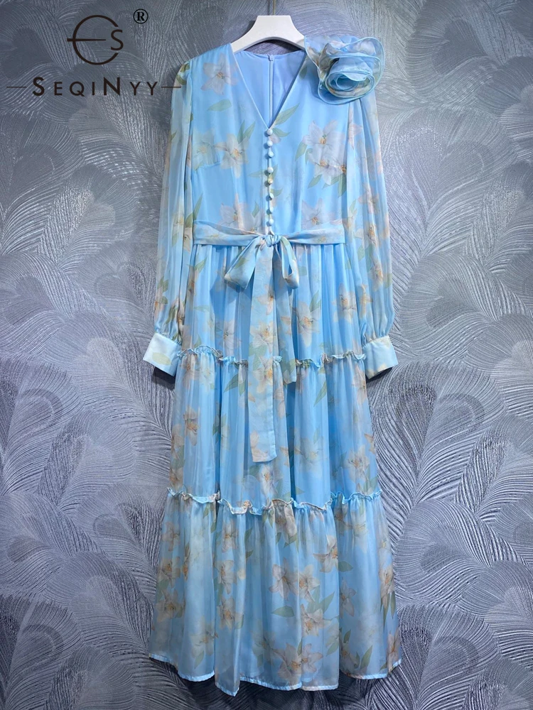 SEQINYY Chiffon Blue Dress Summer Spring New Fashion Design Women Runway High Street Vintage Flower Print Appliques Casual