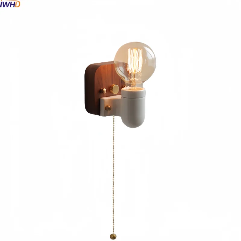 

IWHD Pull Chain Switch LED Wall Light Mirror Bathroom Decoration Items White Ceramic Japan Style Wooden Bedside Lamp Wandlampen