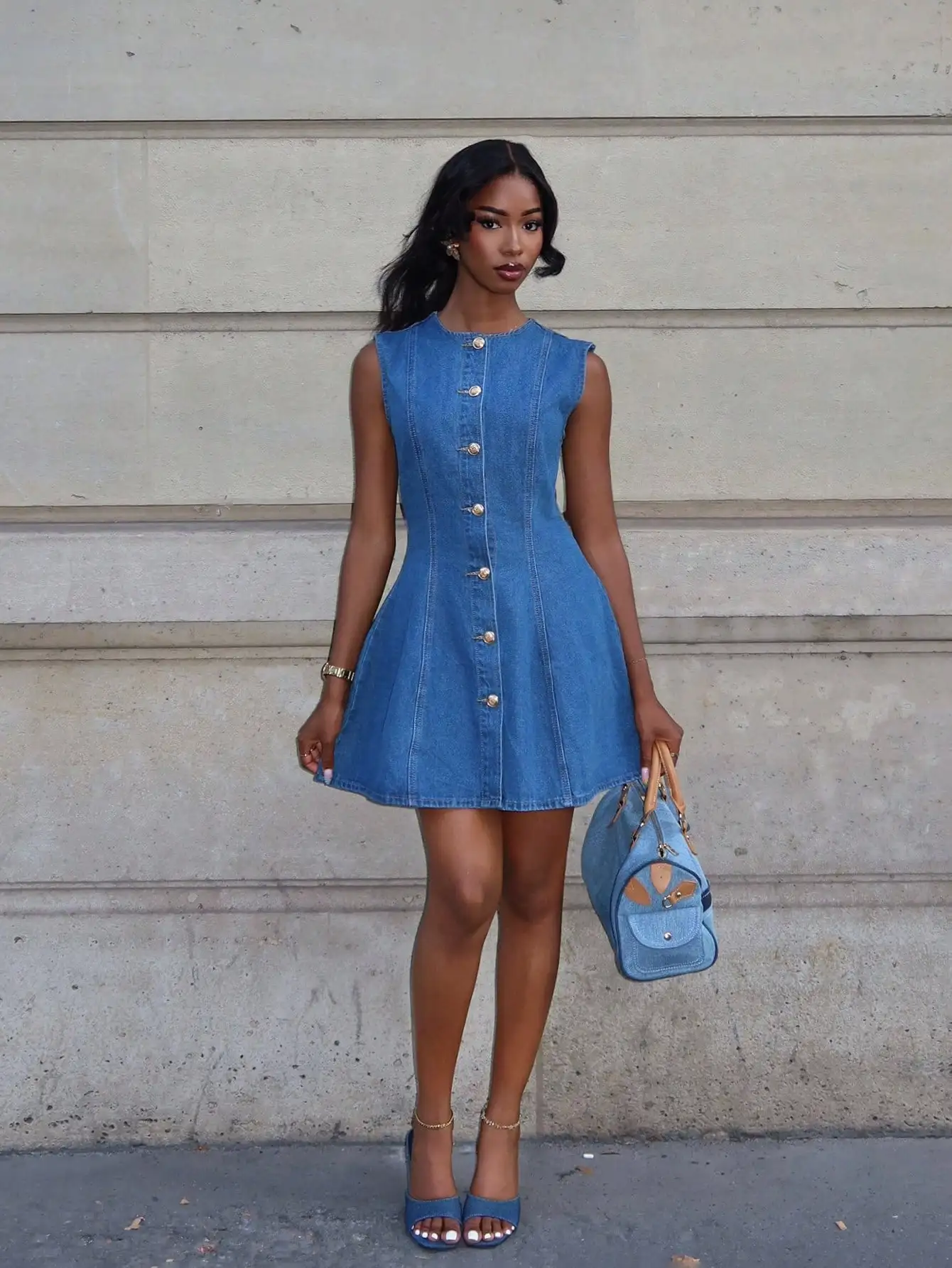 

Women's Sleeveless Denim Mini Dress with Front Buttons, A-Line Fit, Blue